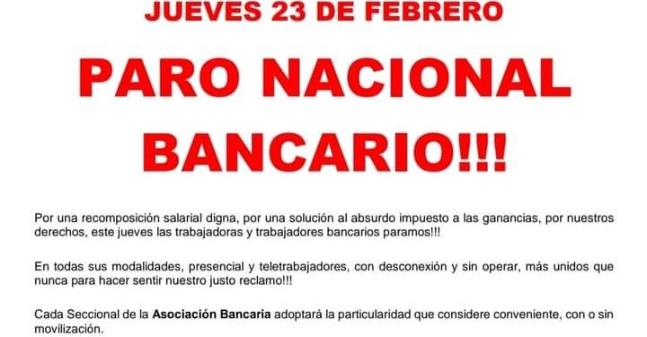 Confirman el paro nacional bancario para este jueves