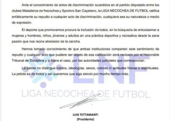 La Liga Necochea y Sportivo (SC) repudiaron el hecho de discriminación sobre el jugador de Mataderos