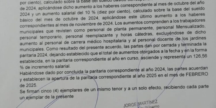 La Municipalidad cerró la paritaria 2024 con un aumento acumulado del 126,56%