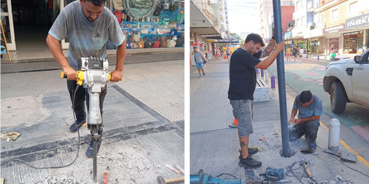 Comenzó la instalación de nuevas columnas para la iluminación de las peatonales
