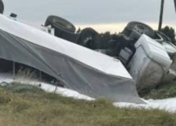 Ruta 228: volcó un camión con fertilizantes y el chofer salió ileso.